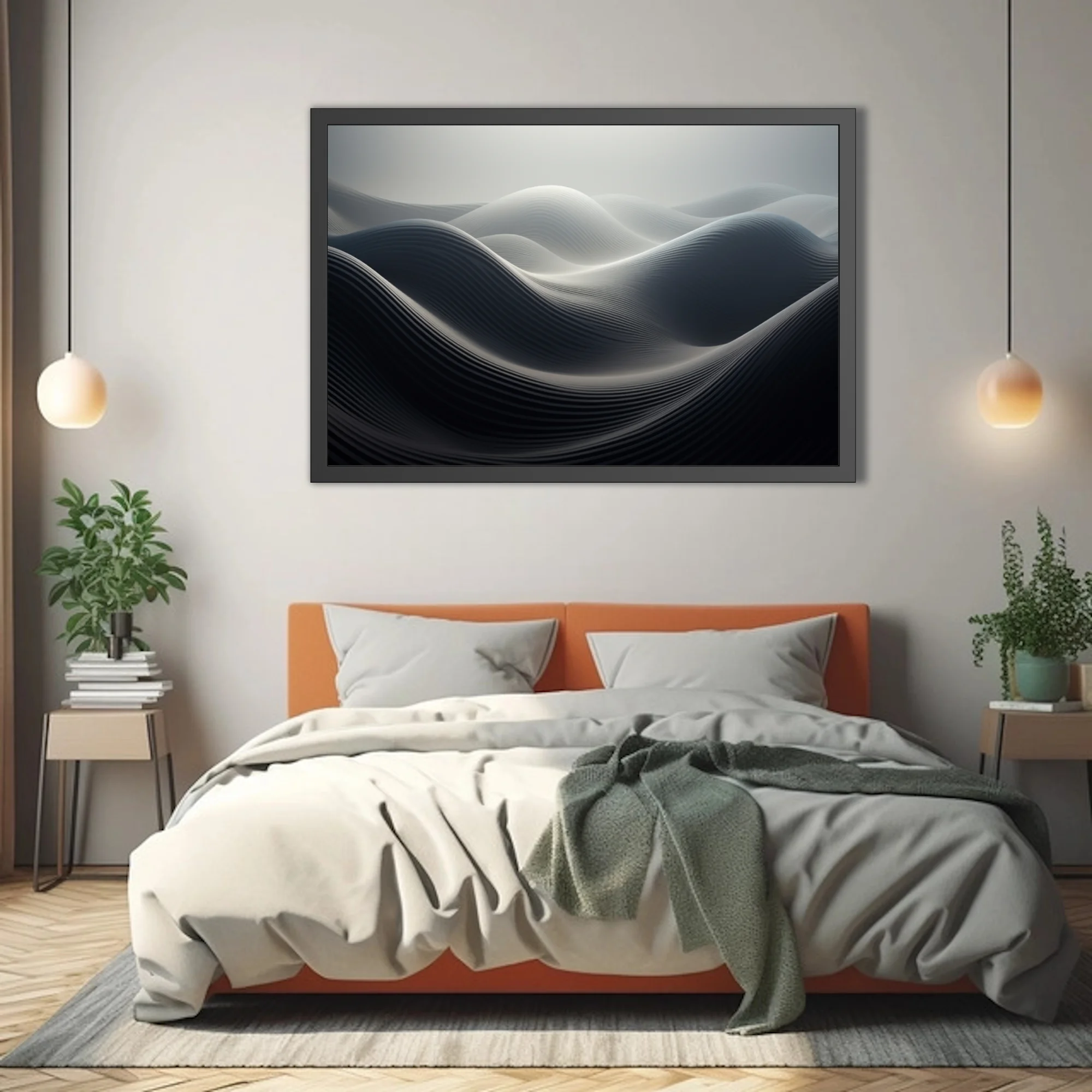 Minimalist abstract wave sculpture in monochromatic charcoal and white tones
