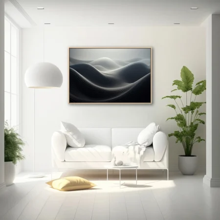 Minimalist abstract wave sculpture in monochromatic charcoal and white tones