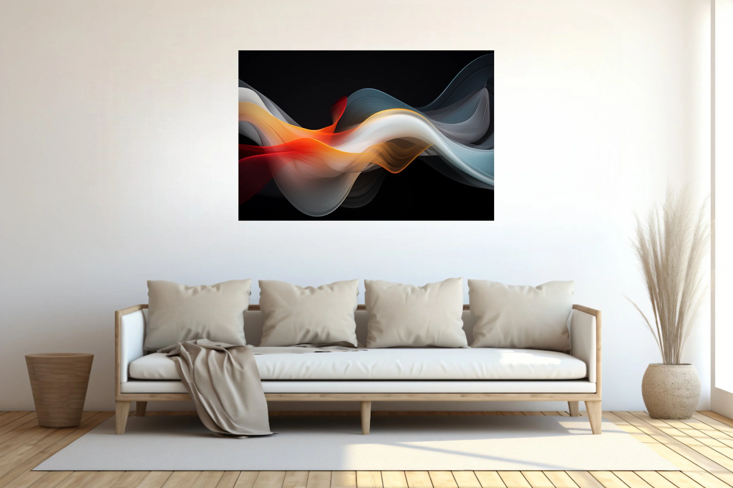 Abstract fluid art with crimson, amber, and steel-blue waves on black background