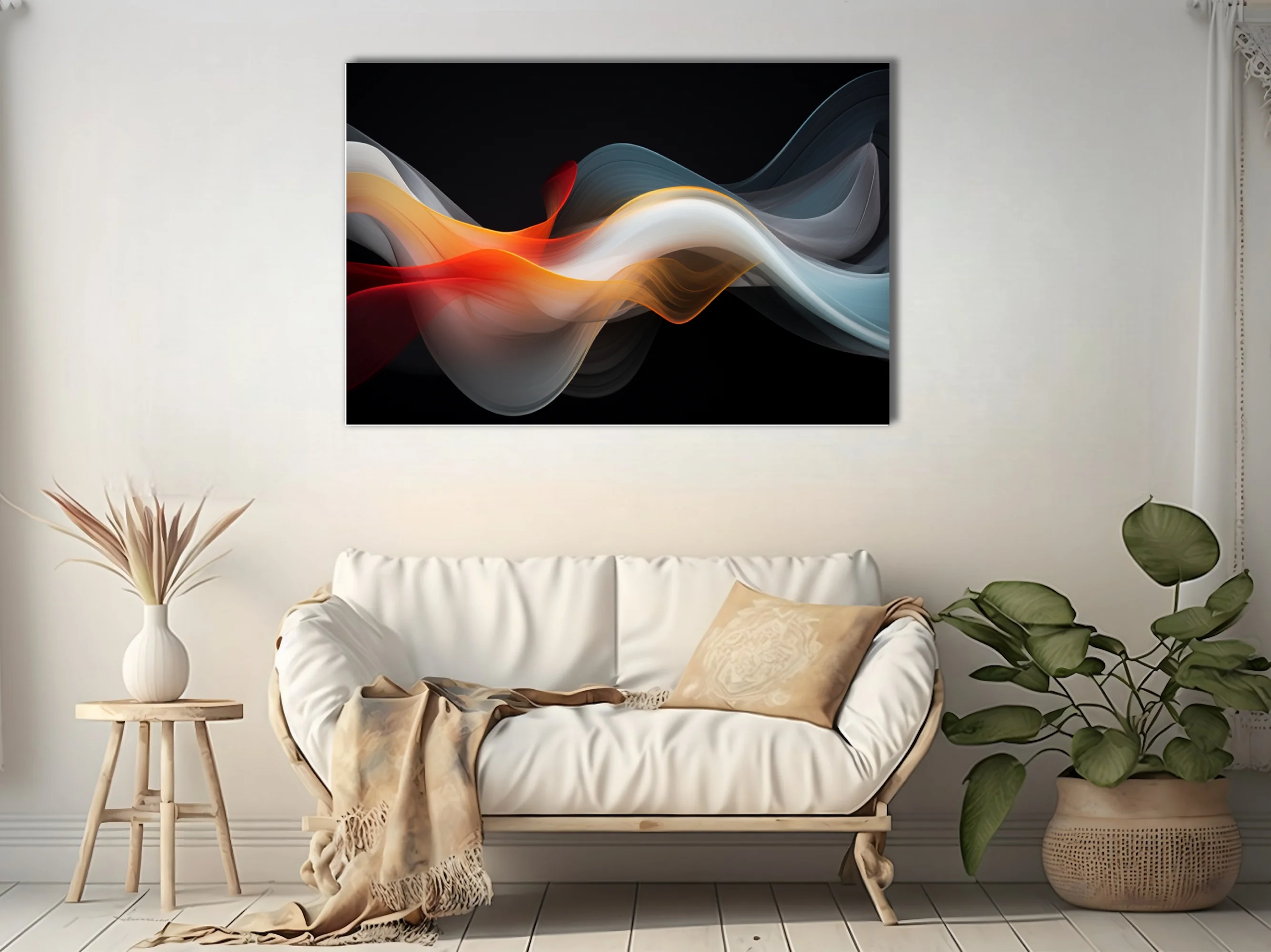 Abstract fluid art with crimson, amber, and steel-blue waves on black background