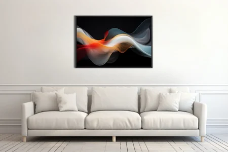 Abstract fluid art with crimson, amber, and steel-blue waves on black background