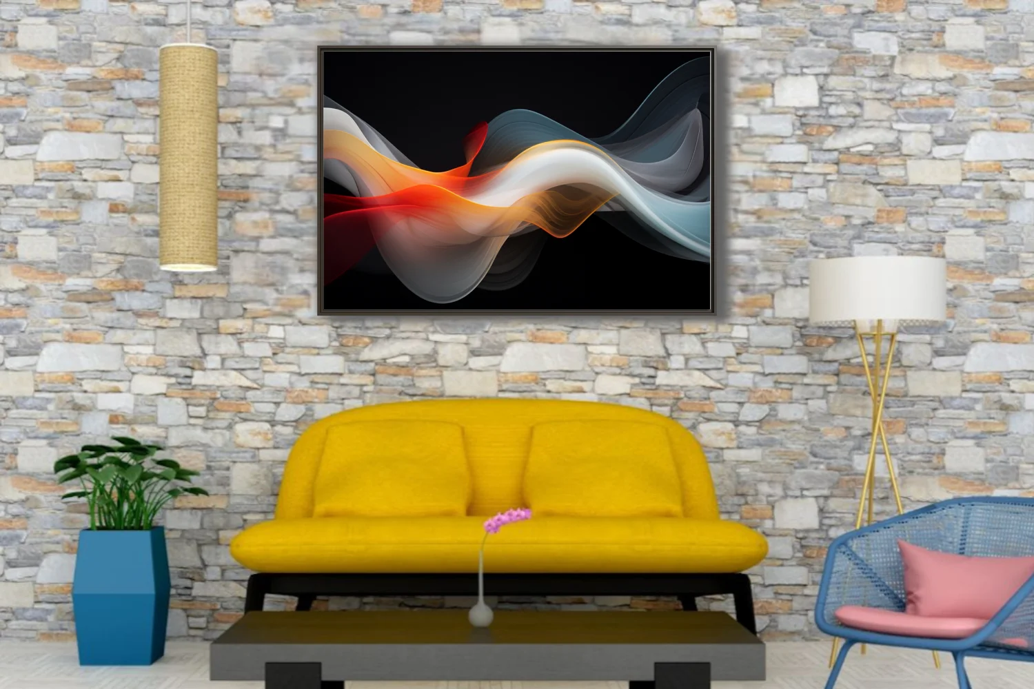 Abstract fluid art with crimson, amber, and steel-blue waves on black background