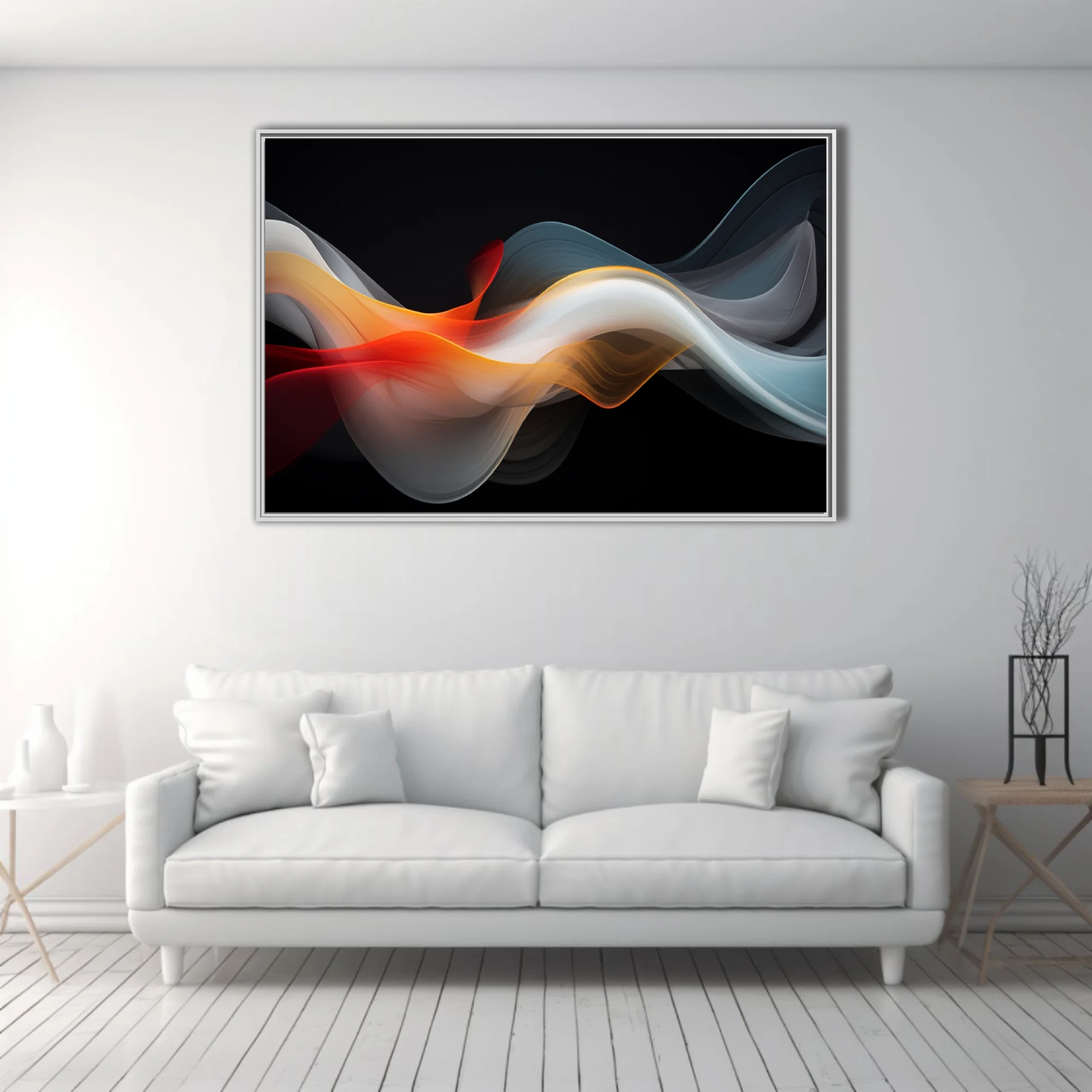 Abstract fluid art with crimson, amber, and steel-blue waves on black background