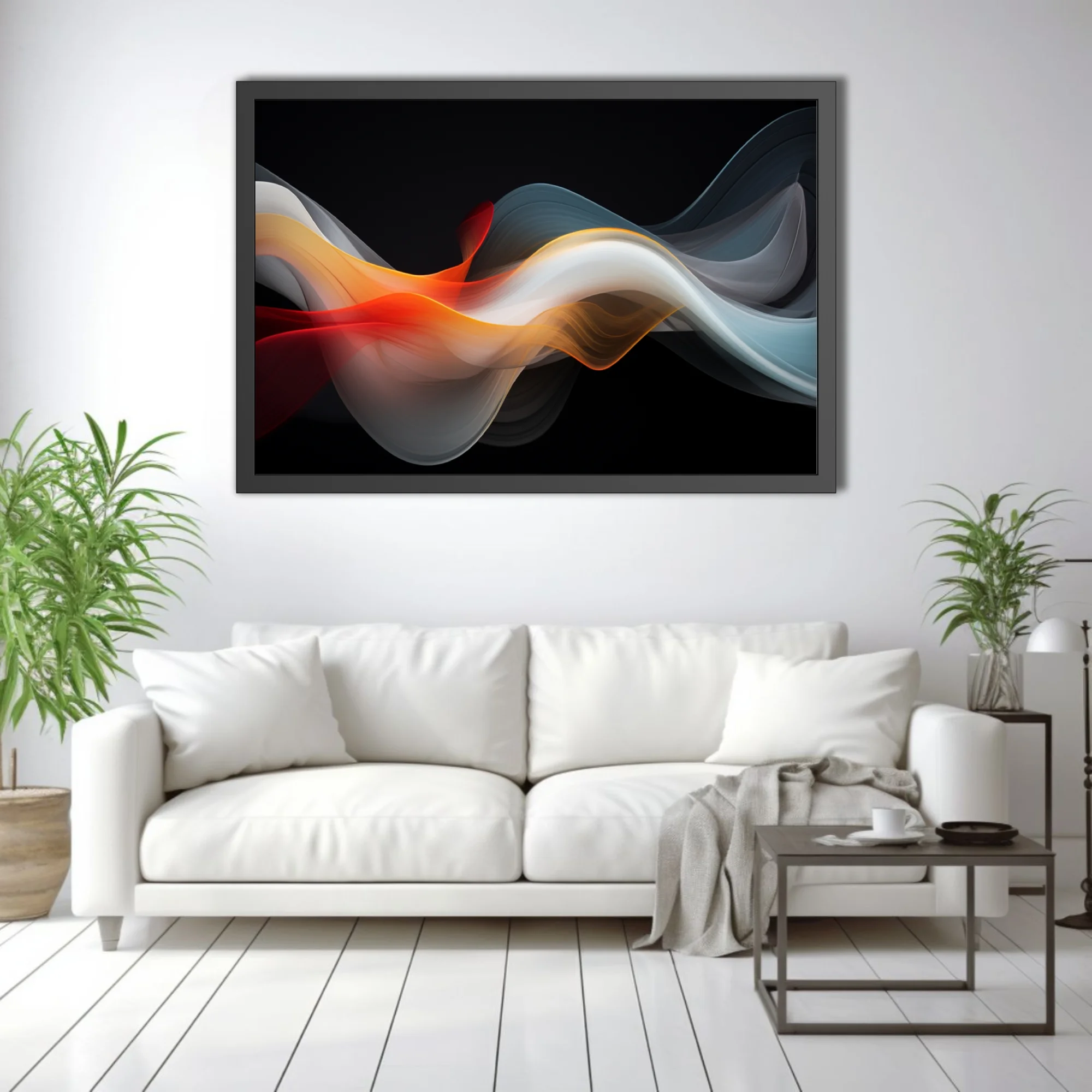 Abstract fluid art with crimson, amber, and steel-blue waves on black background