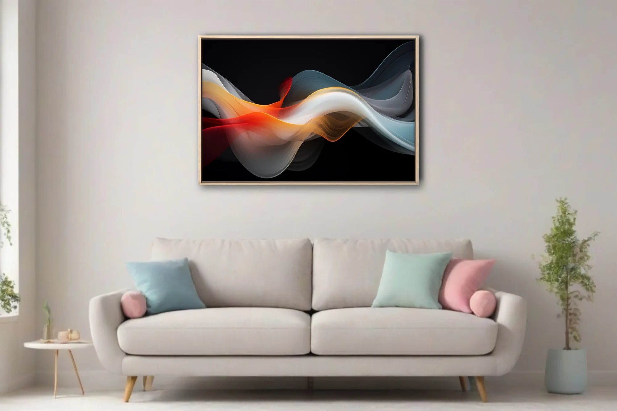Abstract fluid art with crimson, amber, and steel-blue waves on black background