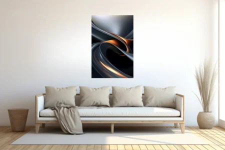 Abstract metallic swirl art in dark steel and glowing copper tones