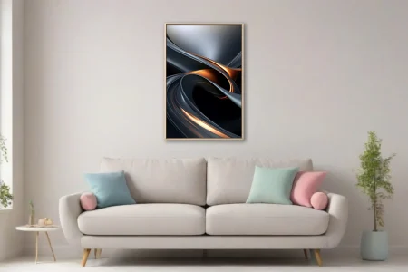 Abstract metallic swirl art in dark steel and glowing copper tones
