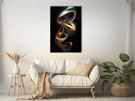Abstract metallic ribbon sculpture with glowing amber and chrome tones on black