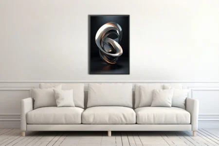 Glossy abstract sculpture with interlocking ring forms in dark chrome and amber light
