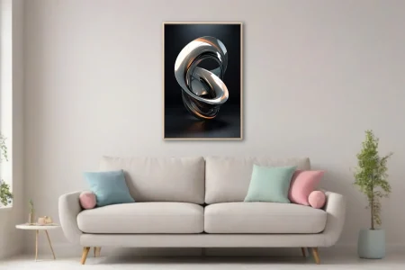 Glossy abstract sculpture with interlocking ring forms in dark chrome and amber light
