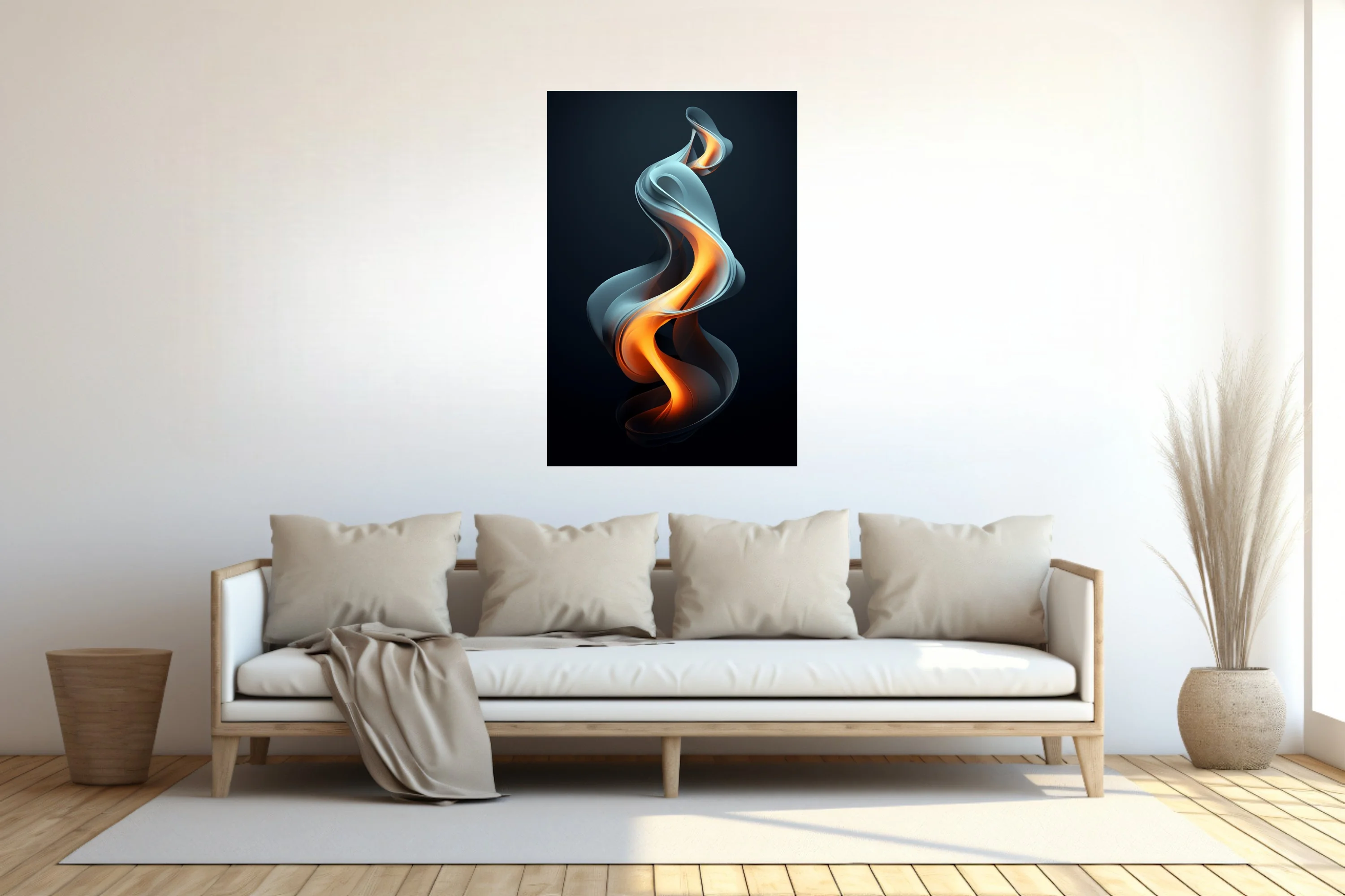 Abstract fluid sculpture glowing orange against deep dark background