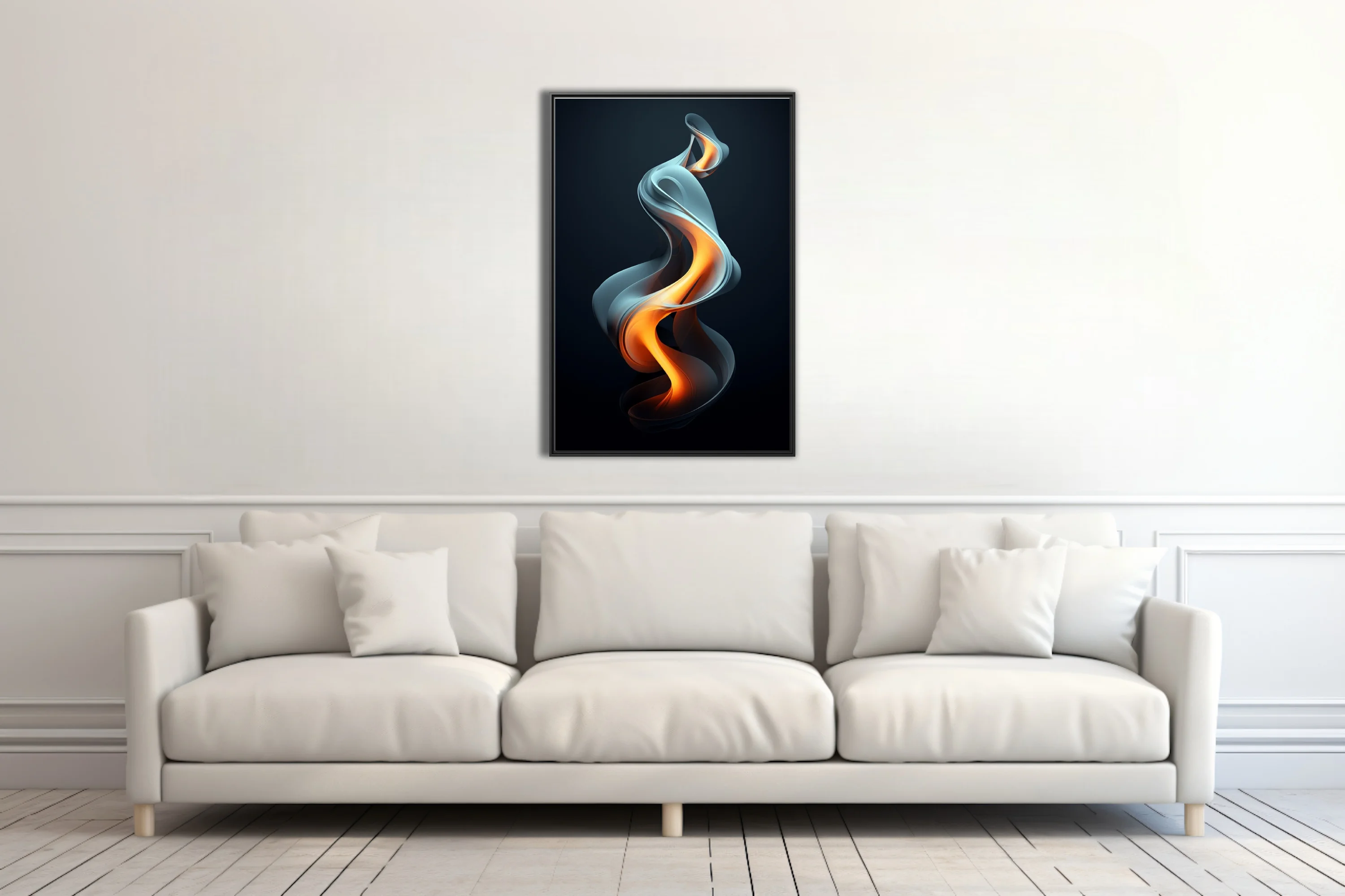Abstract fluid sculpture glowing orange against deep dark background