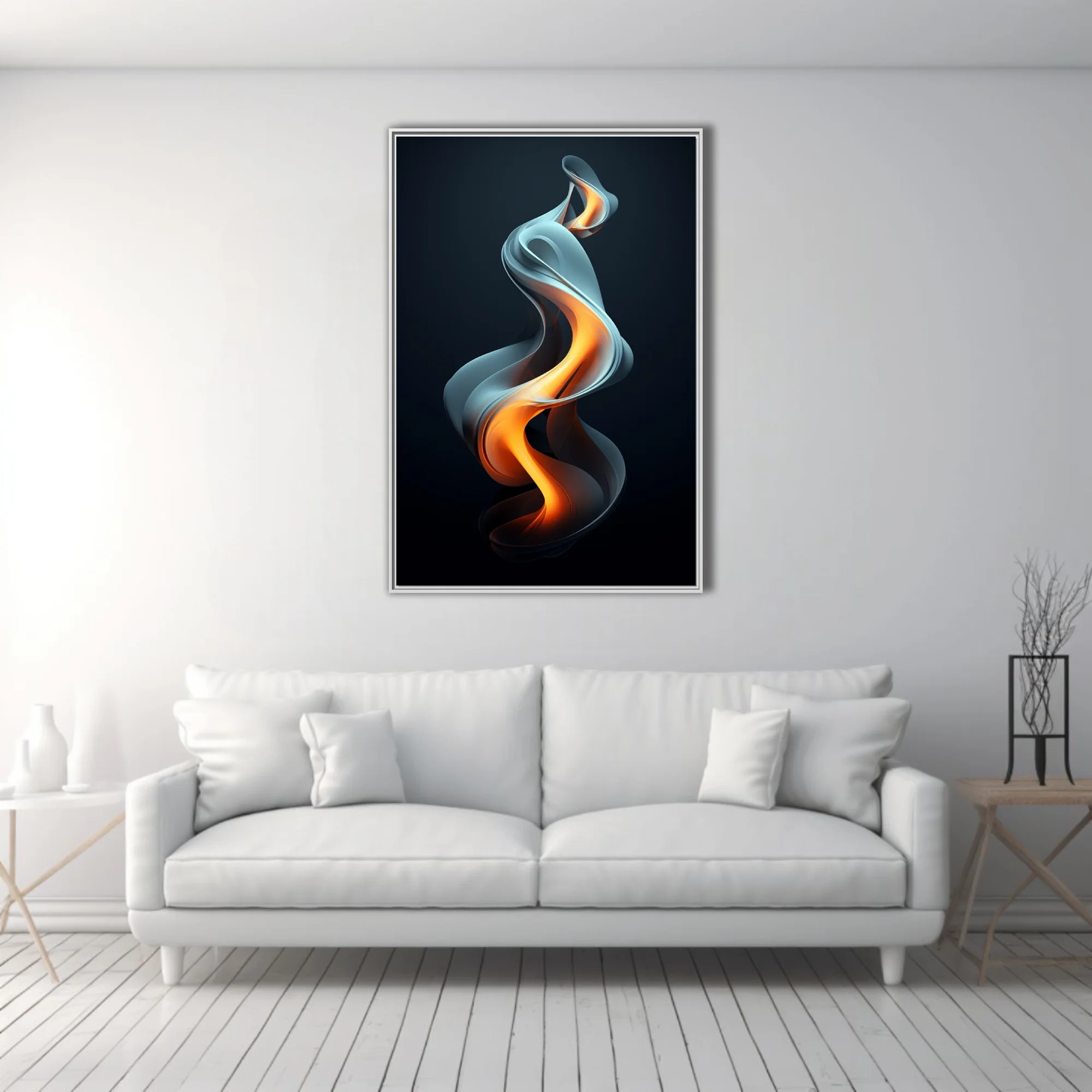 Abstract fluid sculpture glowing orange against deep dark background