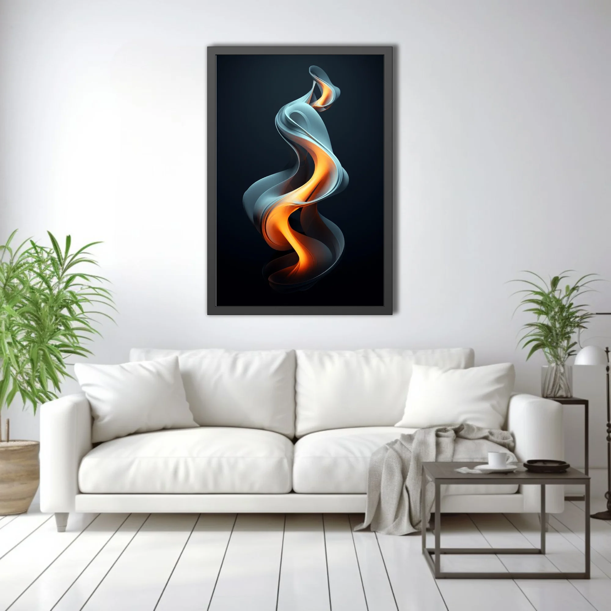 Abstract fluid sculpture glowing orange against deep dark background