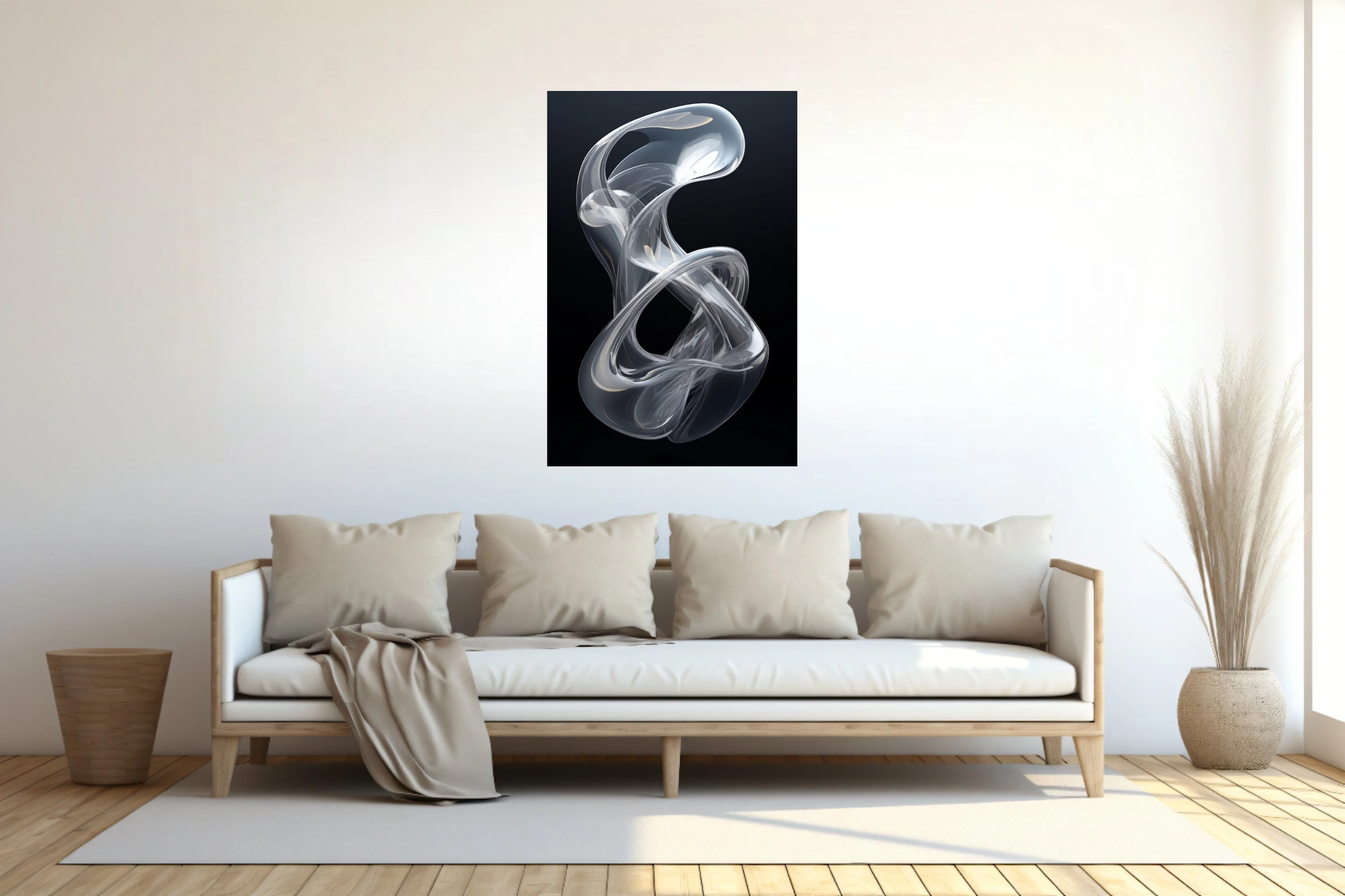Minimalist abstract glass sculpture, translucent twisting form, silver tones on black