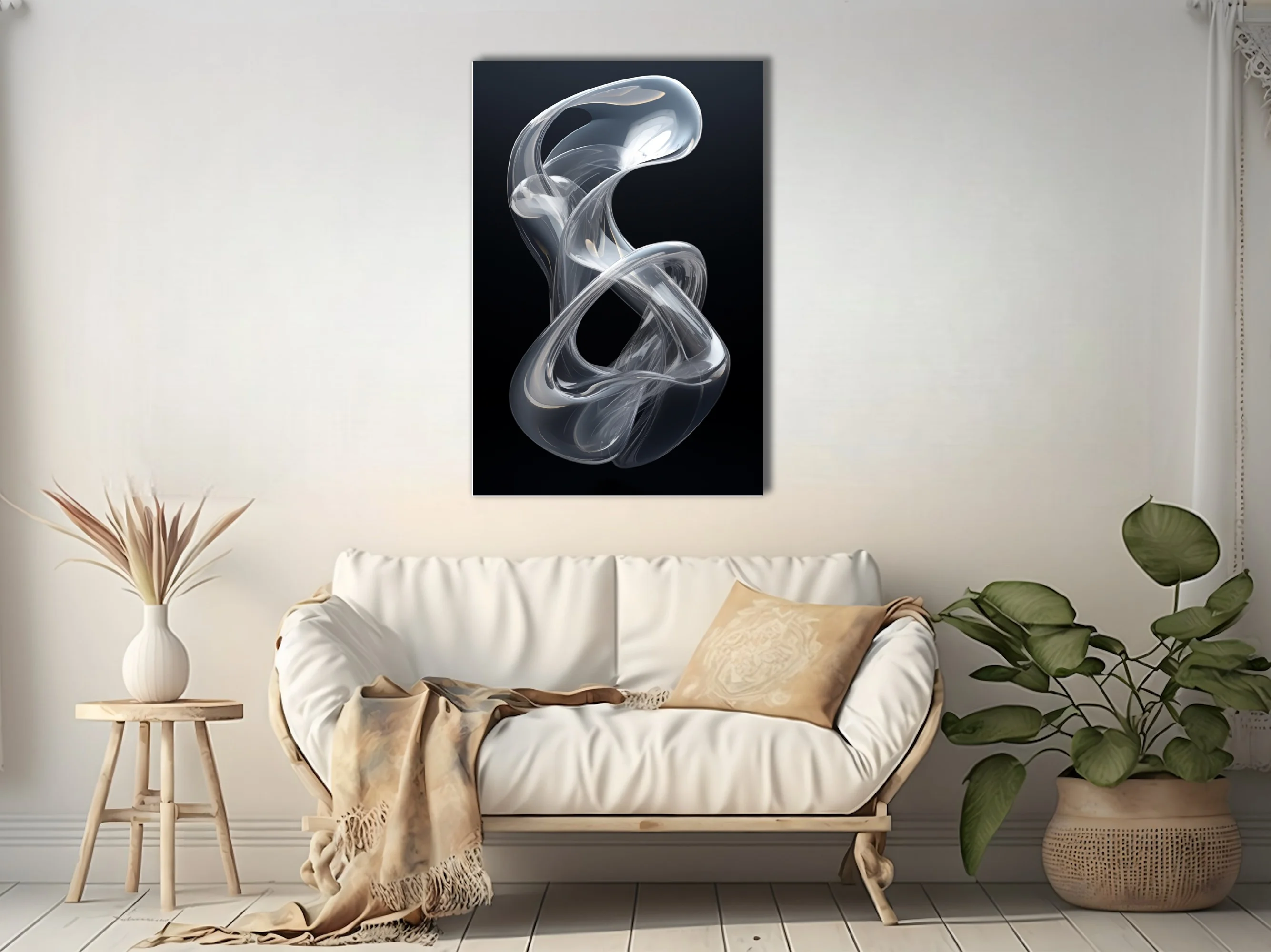 Minimalist abstract glass sculpture, translucent twisting form, silver tones on black