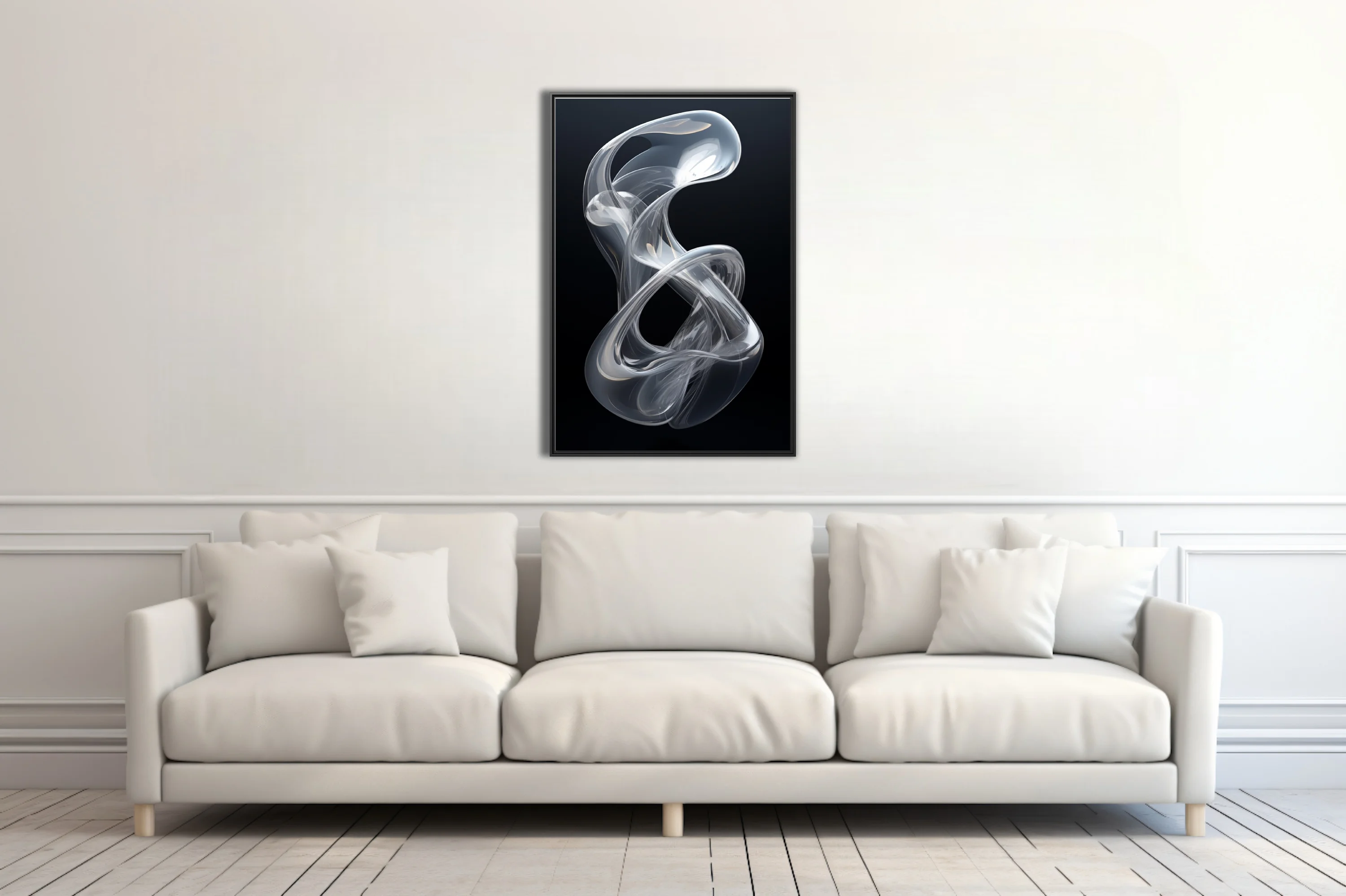 Minimalist abstract glass sculpture, translucent twisting form, silver tones on black