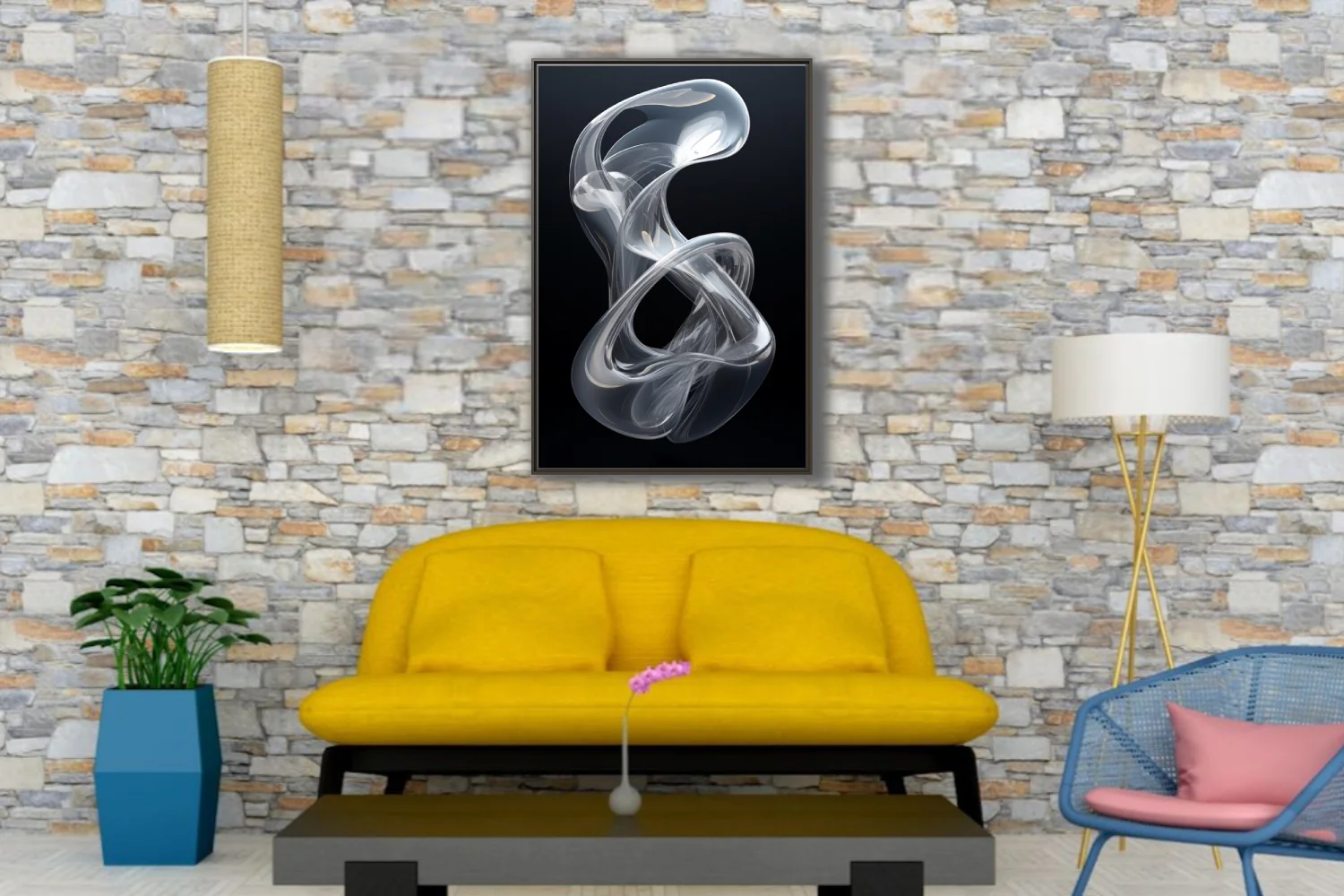 Minimalist abstract glass sculpture, translucent twisting form, silver tones on black
