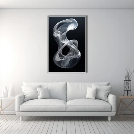 Minimalist abstract glass sculpture, translucent twisting form, silver tones on black
