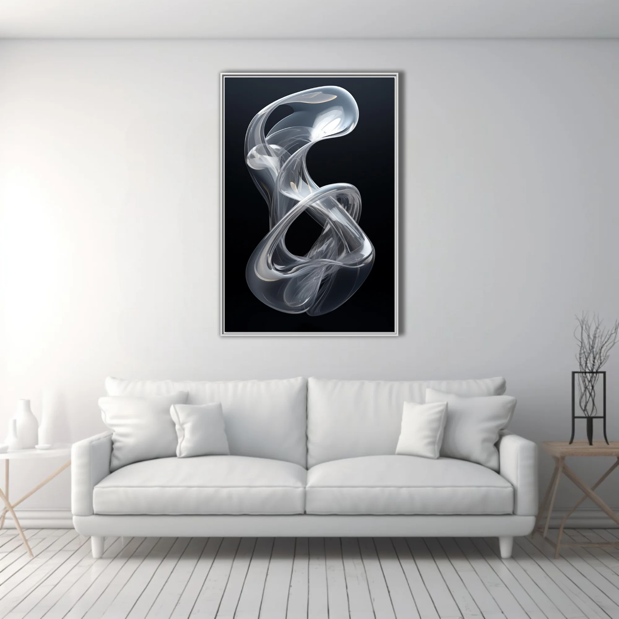 Minimalist abstract glass sculpture, translucent twisting form, silver tones on black