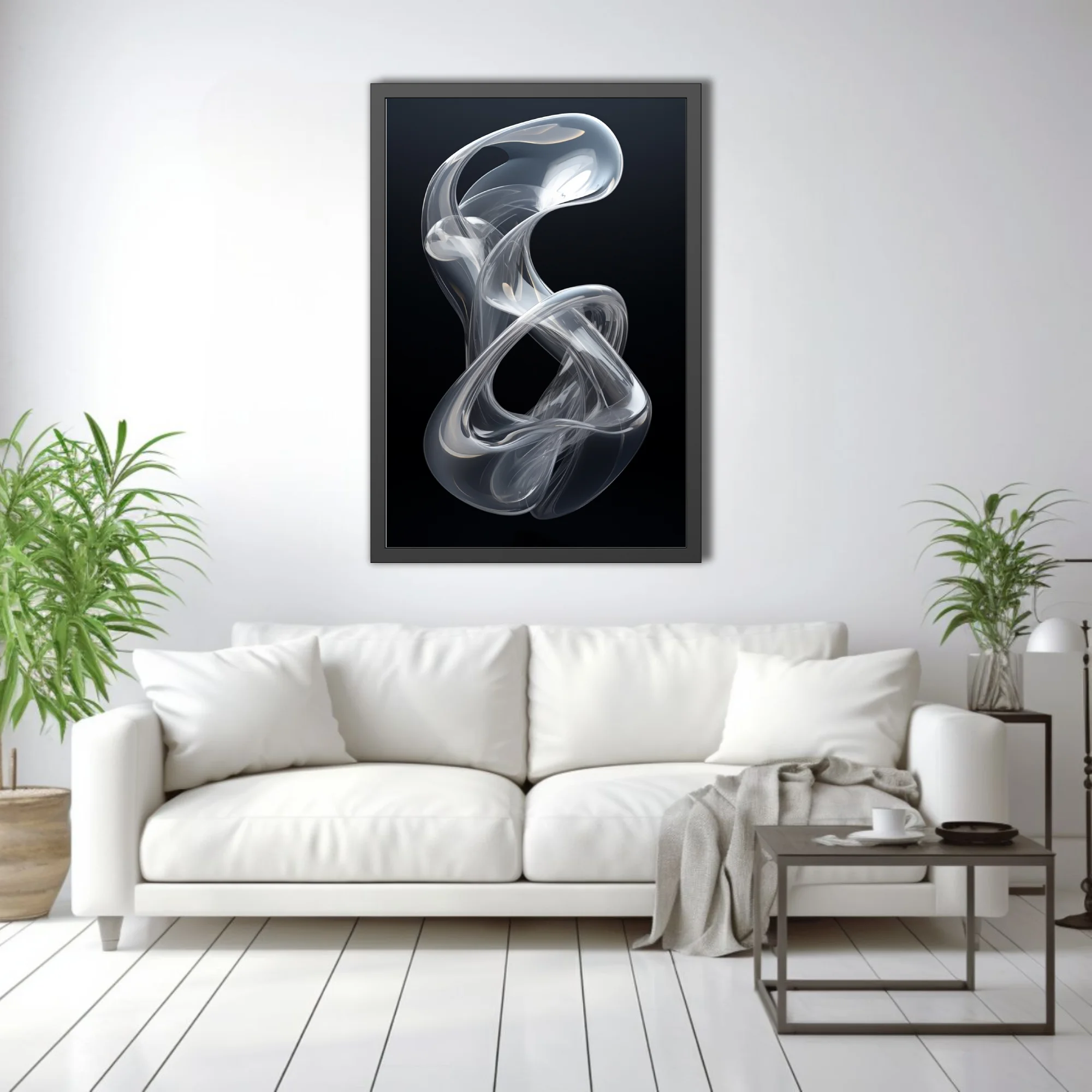 Minimalist abstract glass sculpture, translucent twisting form, silver tones on black