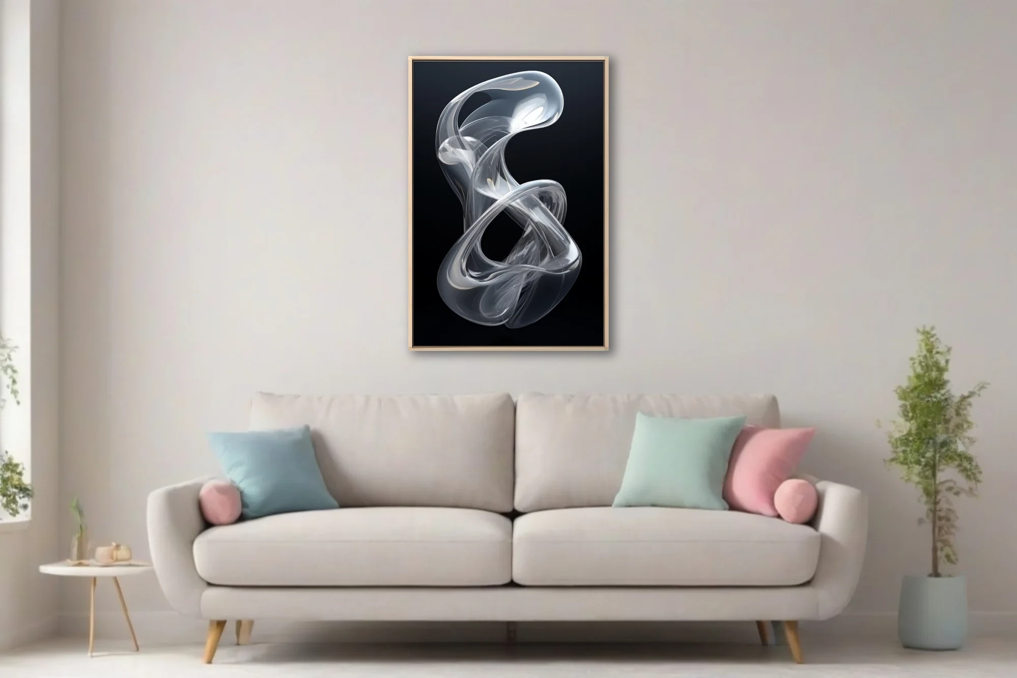 Minimalist abstract glass sculpture, translucent twisting form, silver tones on black