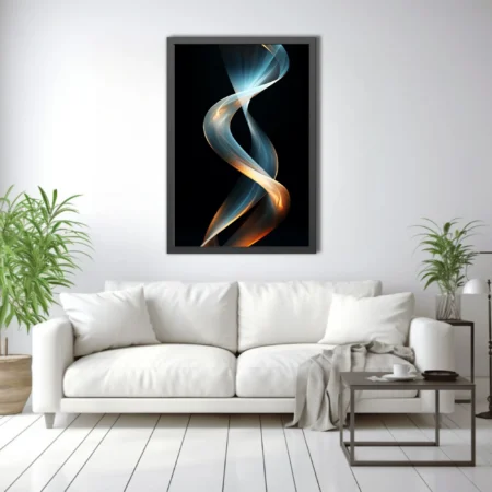 Abstract swirling light ribbons in blue and amber on black background