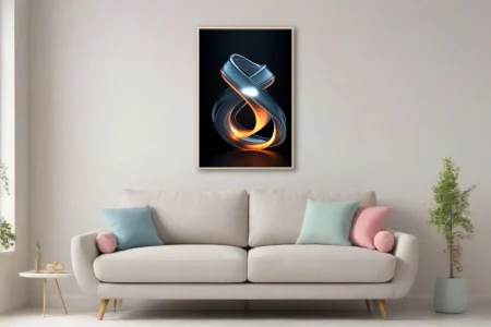 Glossy abstract loop sculpture glowing orange and silver on dark background