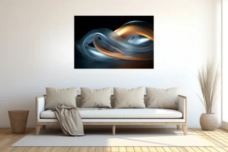 Abstract fluid ribbons in silver and amber tones on dark background