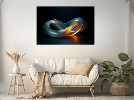 Abstract glass sculpture with silver-blue and glowing amber tones on dark background