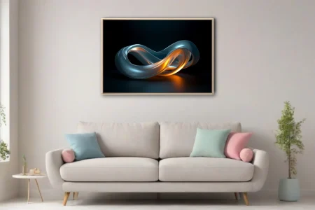 Abstract glass sculpture with silver-blue and glowing amber tones on dark background