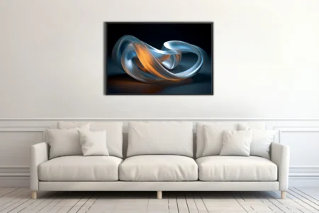 Abstract flowing ribbon sculpture in silver-blue and amber glow