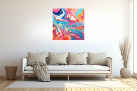 Vibrant liquid-pour abstract swirls in pink, teal, orange and navy