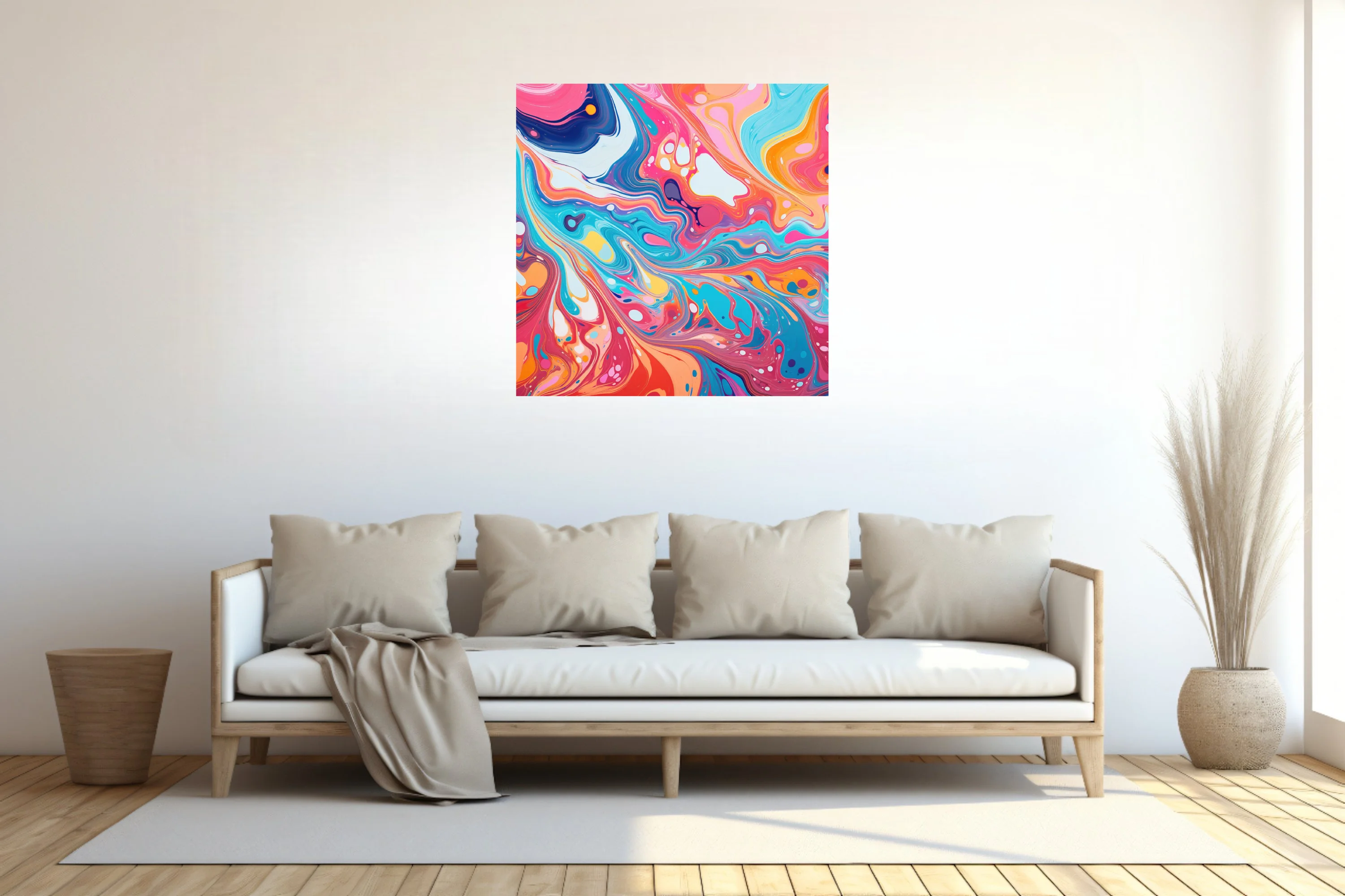 Vibrant liquid-pour abstract swirls in pink, teal, orange and navy