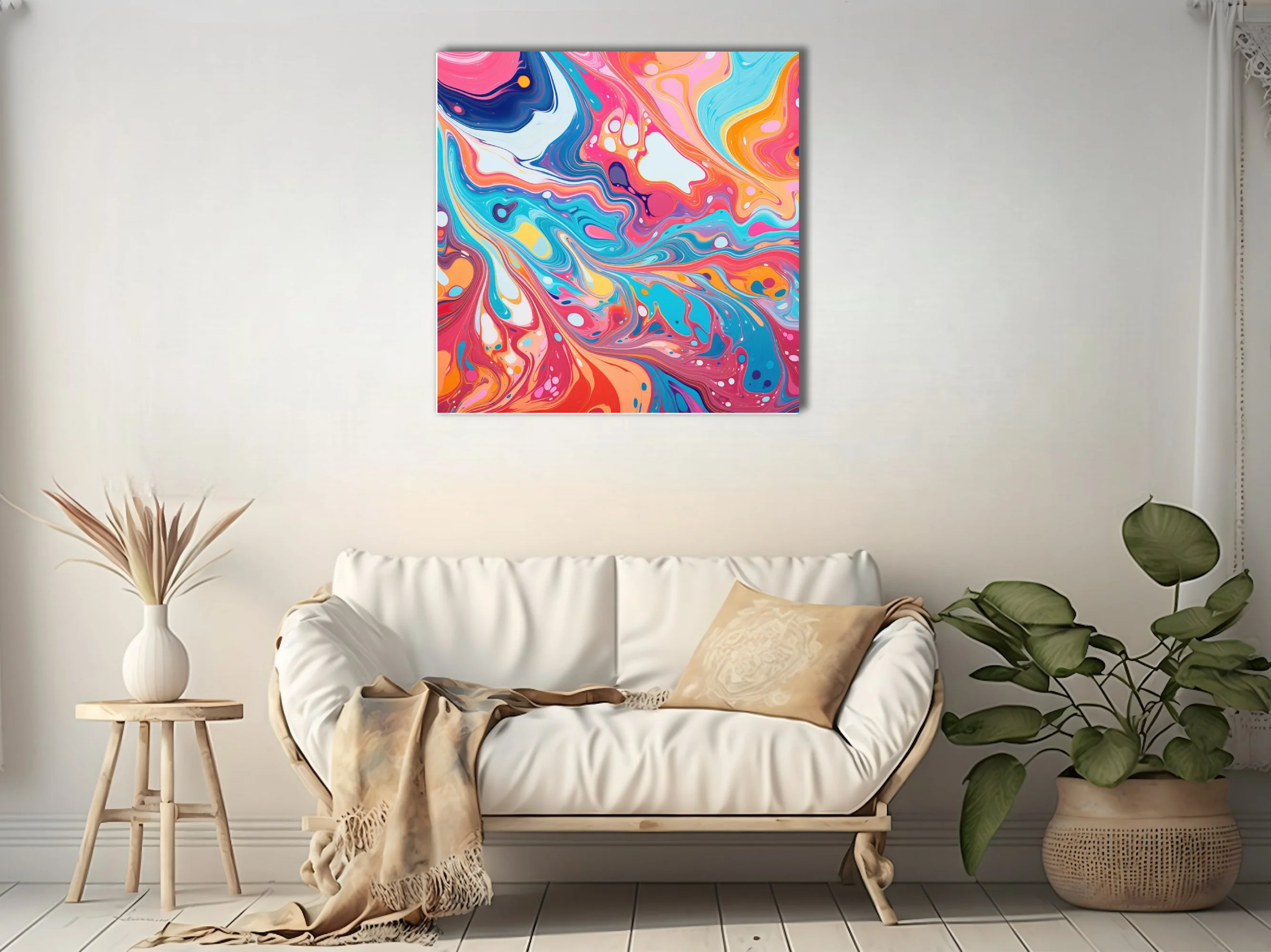 Vibrant liquid-pour abstract swirls in pink, teal, orange and navy