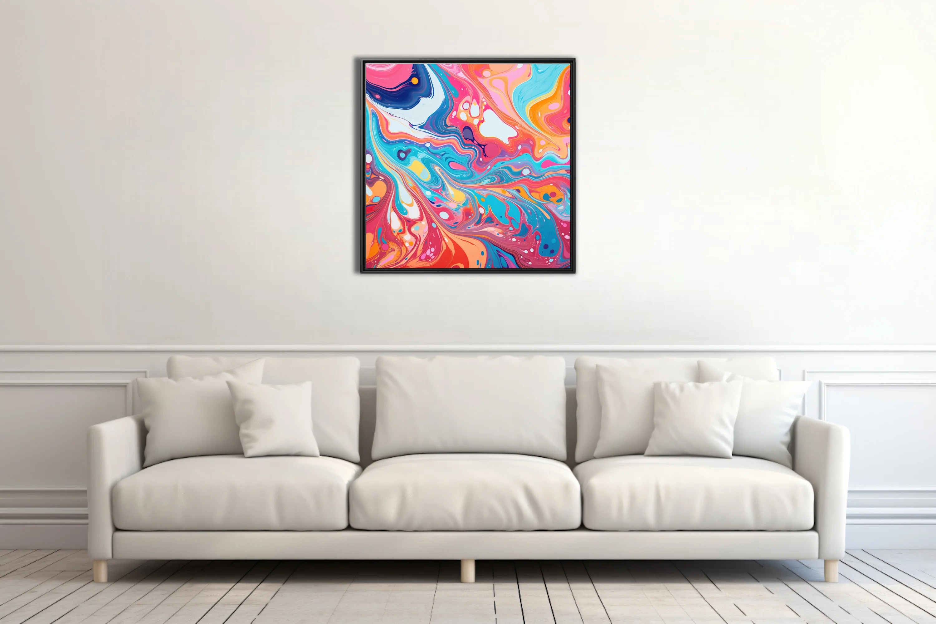 Vibrant liquid-pour abstract swirls in pink, teal, orange and navy