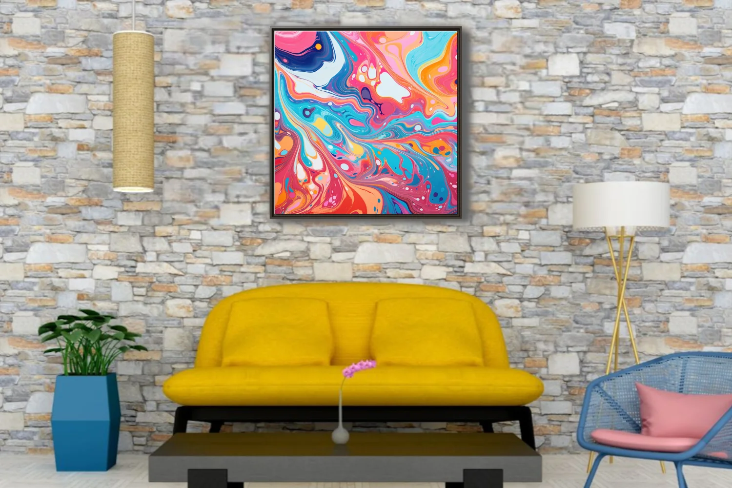 Vibrant liquid-pour abstract swirls in pink, teal, orange and navy