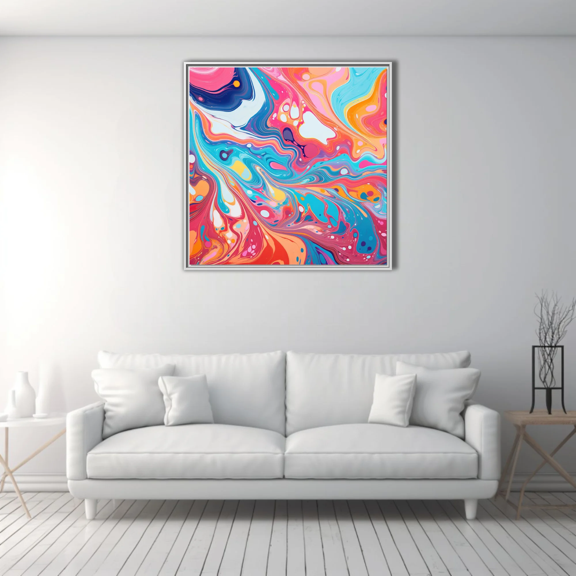 Vibrant liquid-pour abstract swirls in pink, teal, orange and navy