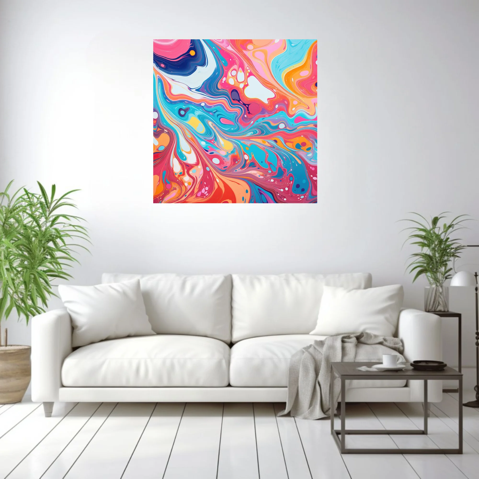 Vibrant liquid-pour abstract swirls in pink, teal, orange and navy