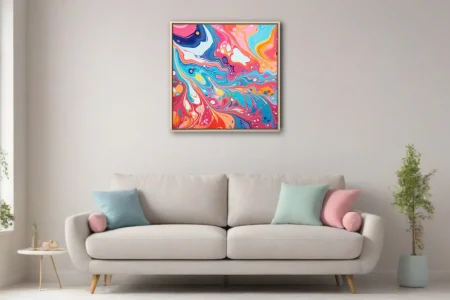 Vibrant liquid-pour abstract swirls in pink, teal, orange and navy