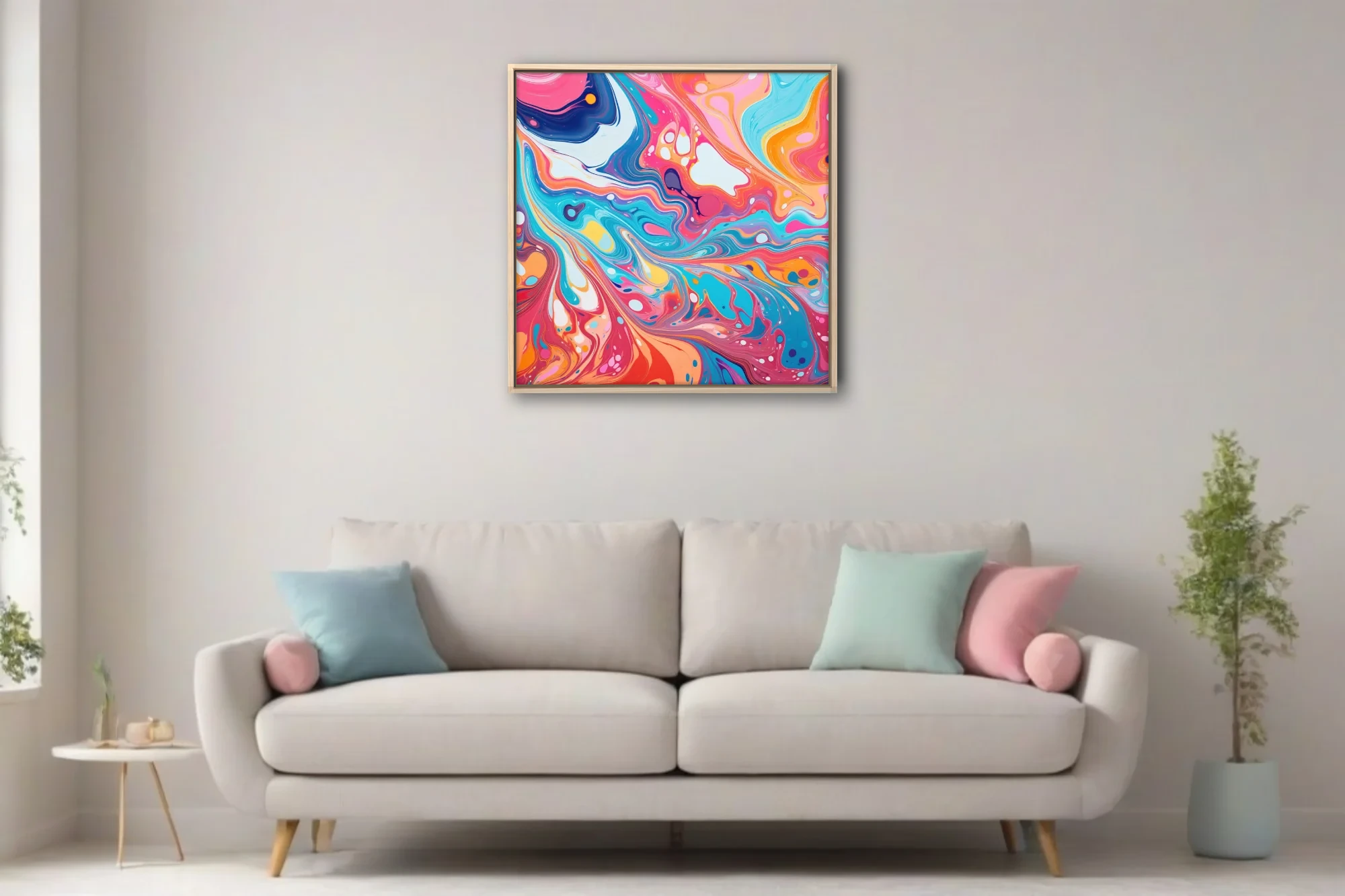 Vibrant liquid-pour abstract swirls in pink, teal, orange and navy