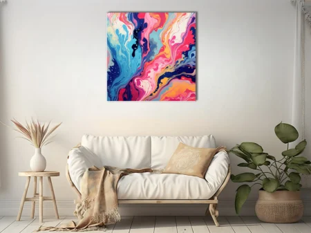Fluid abstract marbled swirls in pink, blue, navy, and gold — bold wall art