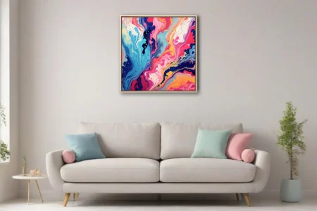 Fluid abstract marbled swirls in pink, blue, navy, and gold — bold wall art
