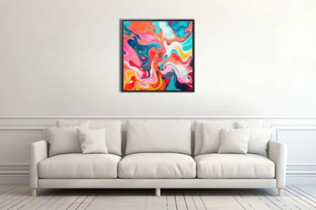Fluid abstract swirl art in coral, cyan, pink and orange — vibrant marbled composition