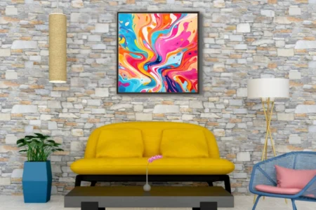 Fluid abstract swirl art in hot pink, cyan, orange and yellow — vivid wall print