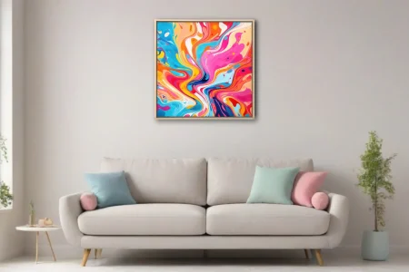 Fluid abstract swirl art in hot pink, cyan, orange and yellow — vivid wall print