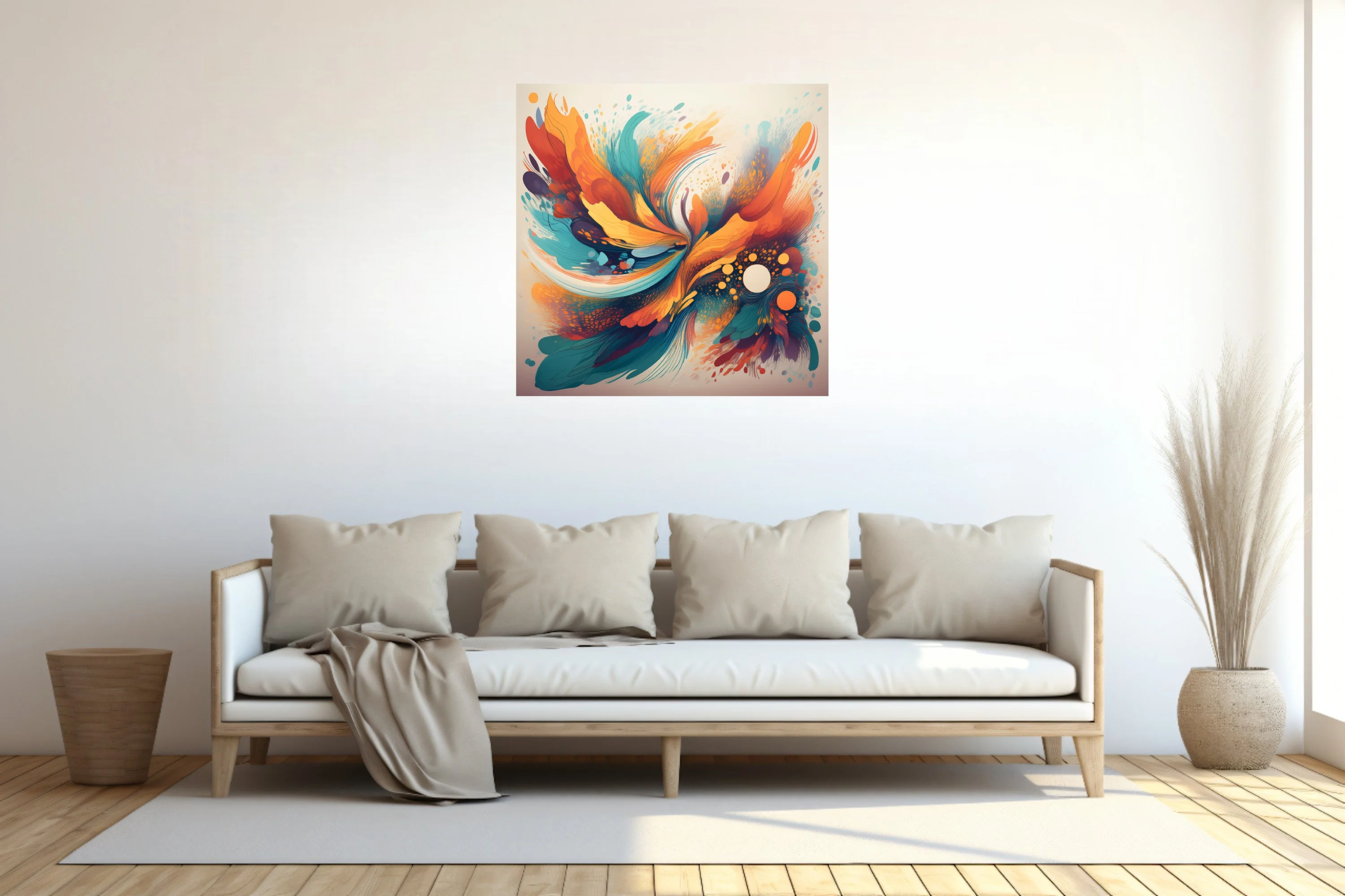 Vibrant abstract swirl artwork in orange, teal, and gold with splatter textures and luminous orbs