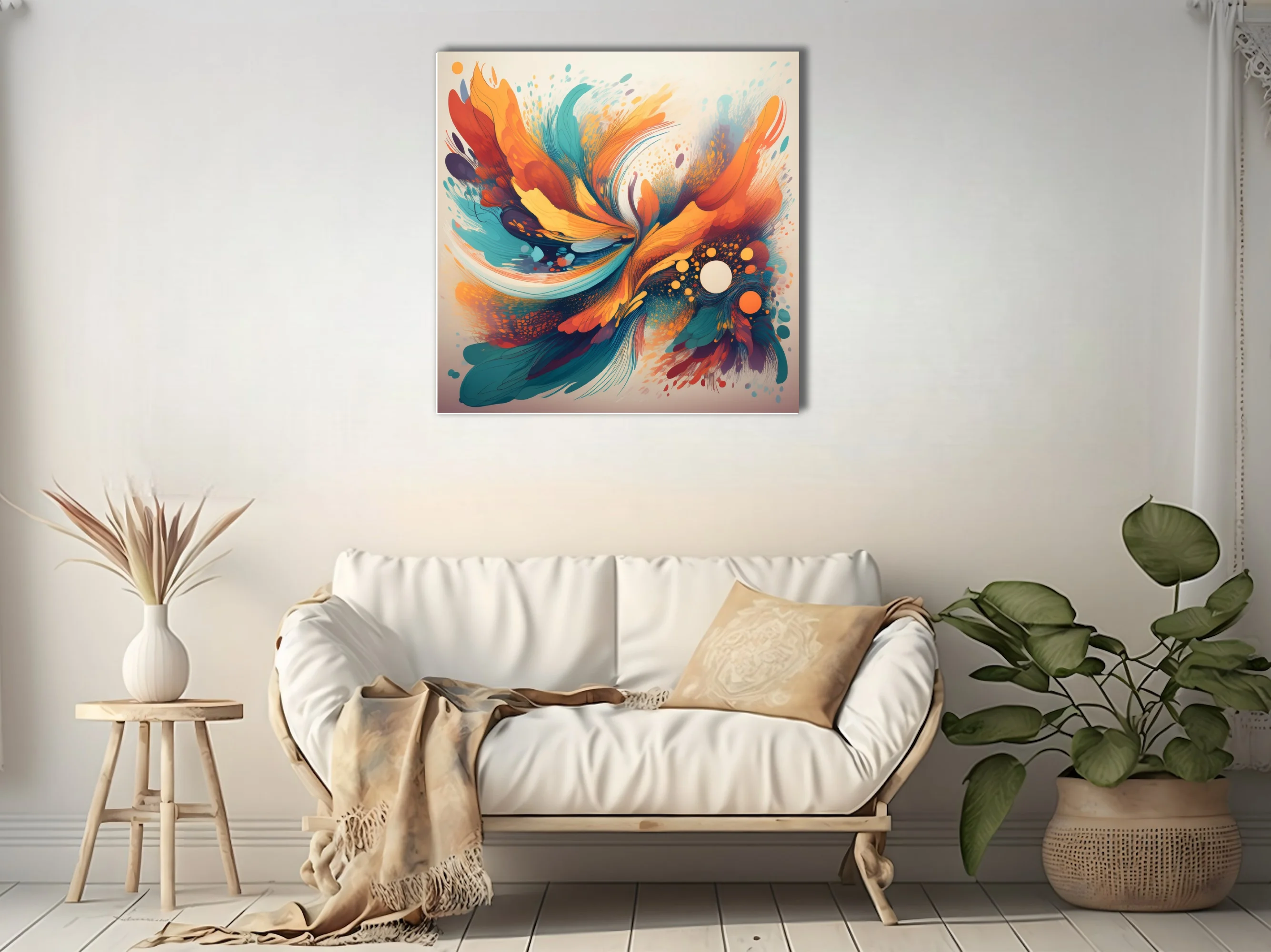 Vibrant abstract swirl artwork in orange, teal, and gold with splatter textures and luminous orbs