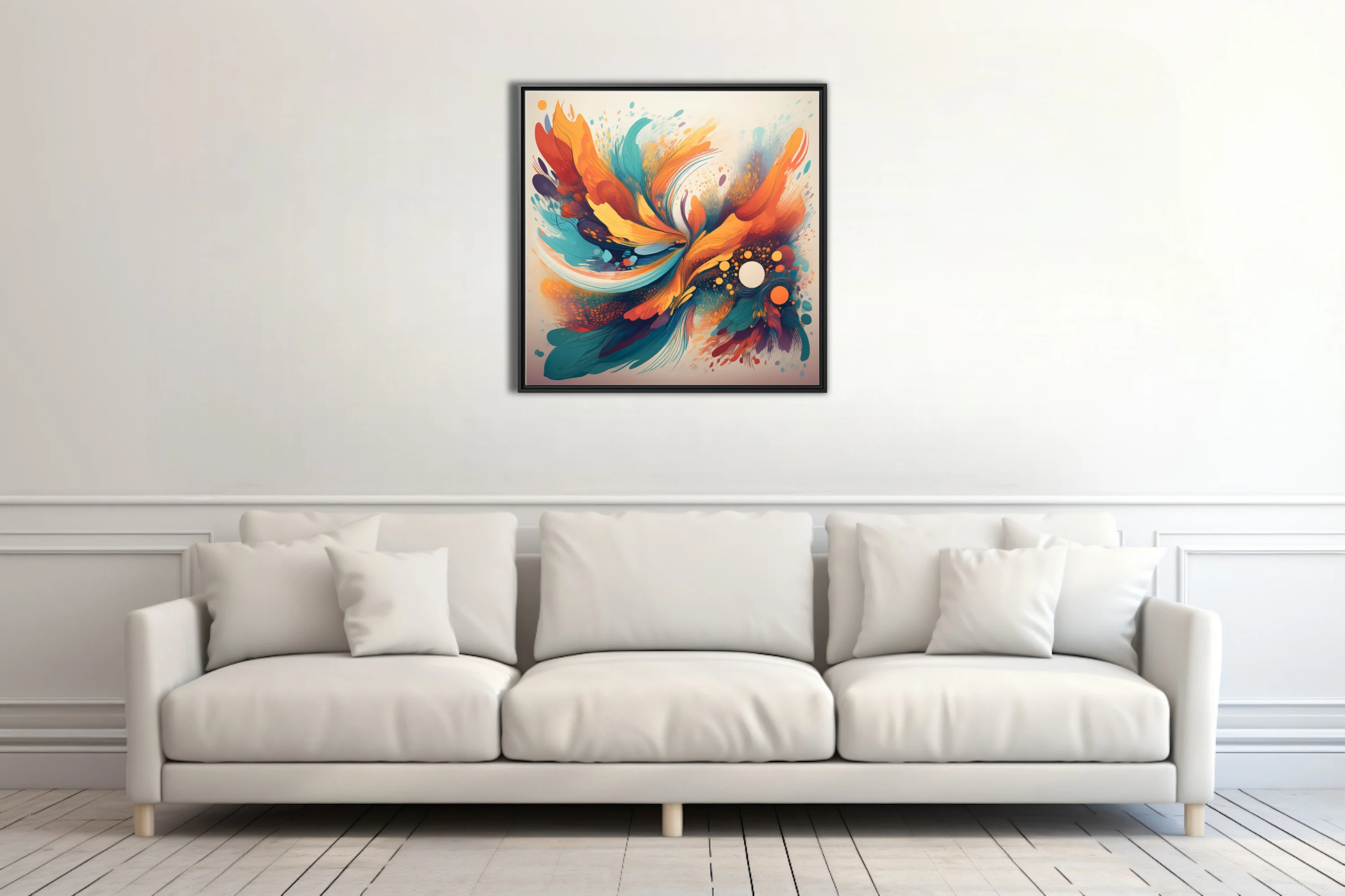 Vibrant abstract swirl artwork in orange, teal, and gold with splatter textures and luminous orbs