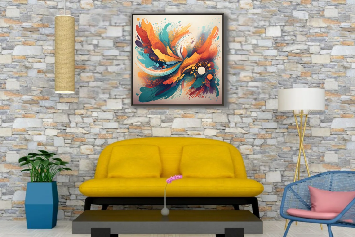 Vibrant abstract swirl artwork in orange, teal, and gold with splatter textures and luminous orbs